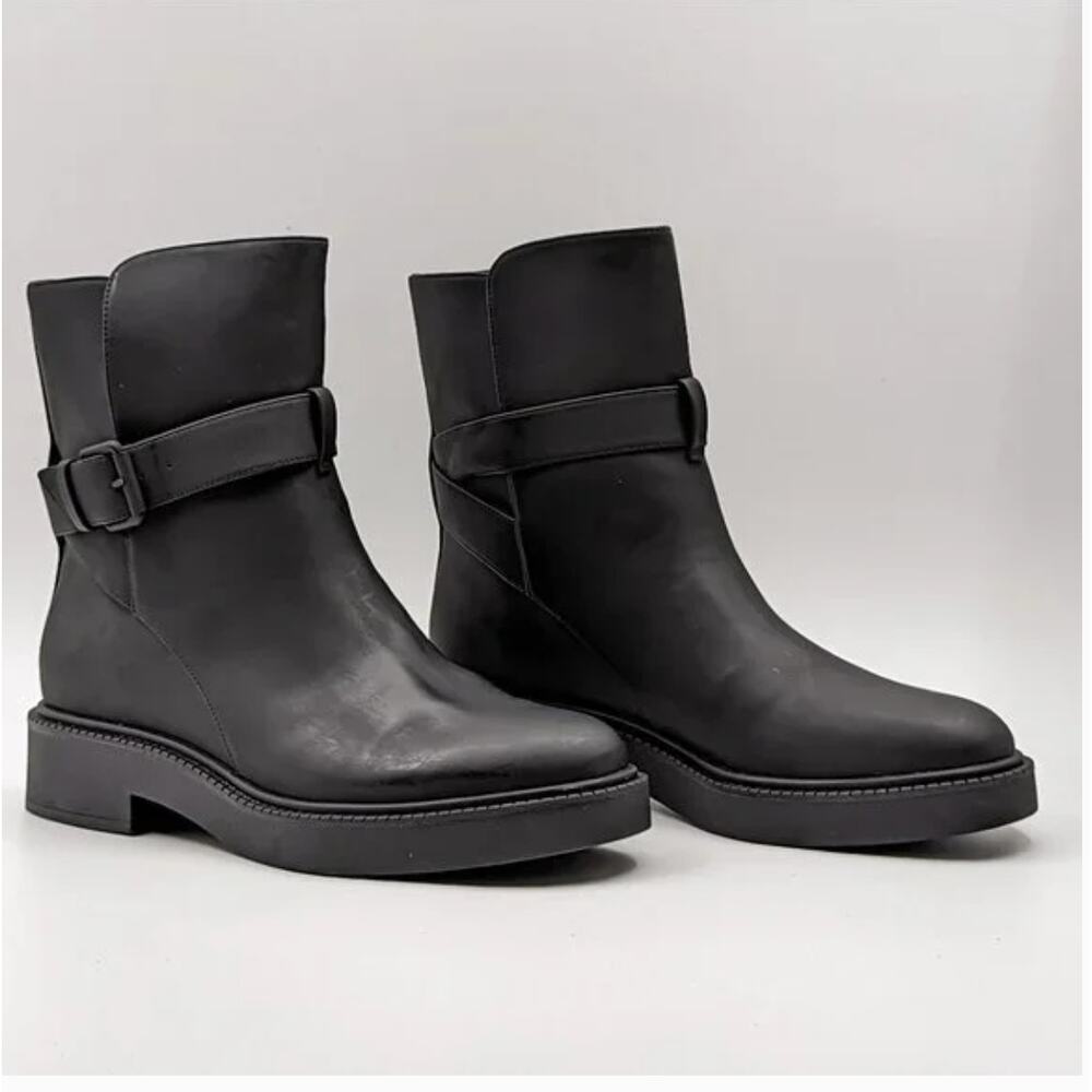 VINCE Kaelyn Leather Buckle Boots 9.5 Black NWOT Moto Combat Ankle Calf 90s
